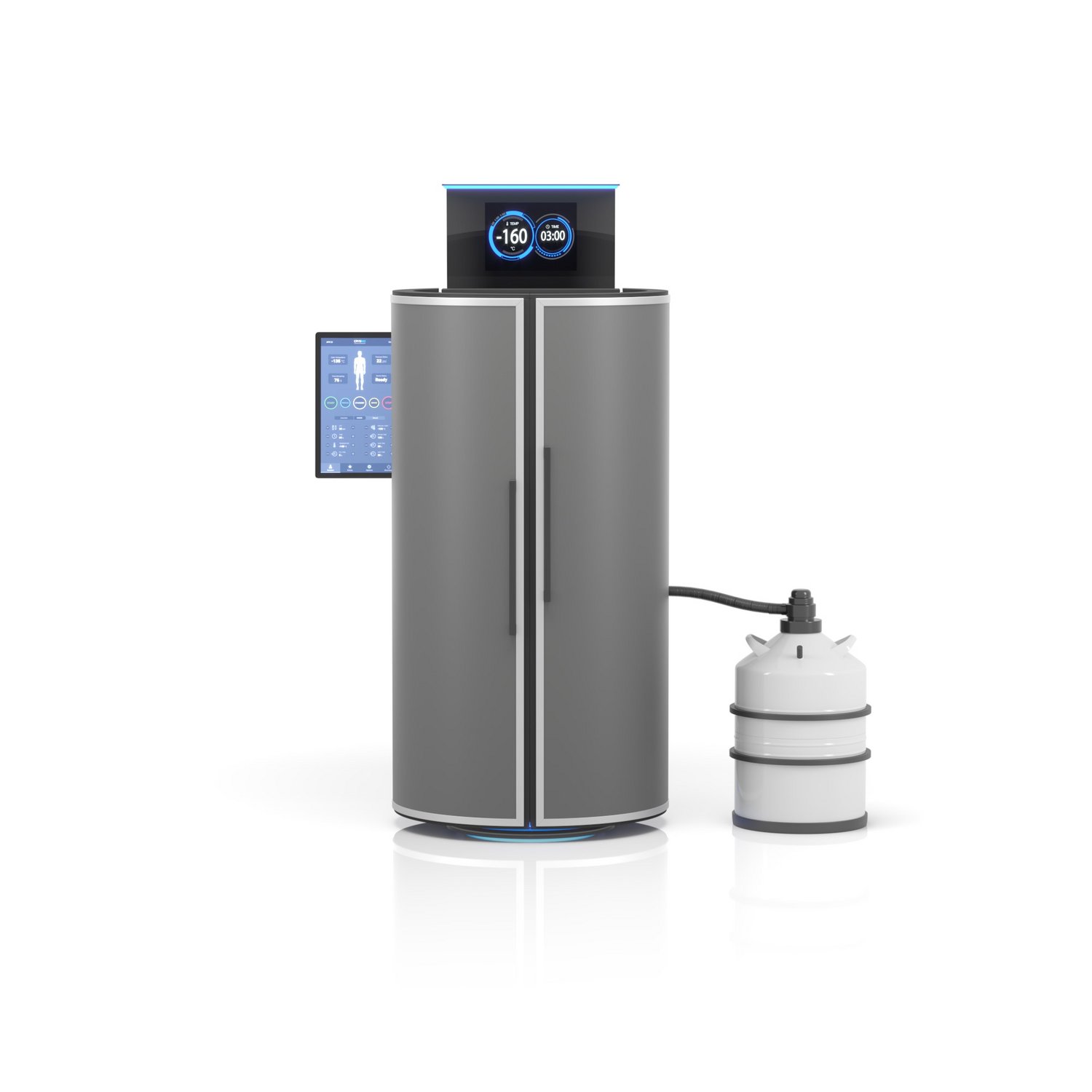 Black CRYO XC™ cryosauna next to dewar vessel