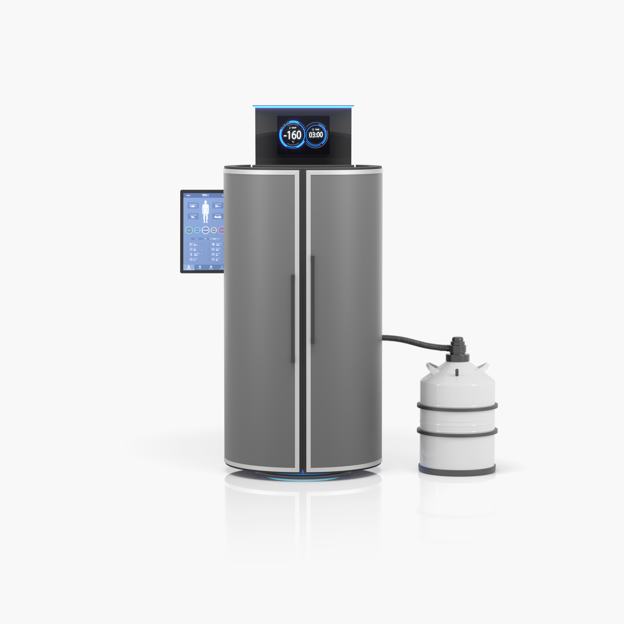 Black CRYO XC™ cryosauna next to dewar vessel